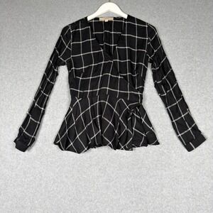 LOFT Womens XS Black White Grid Windowpane Wrap Peplum Blouse Long Sleeve Top